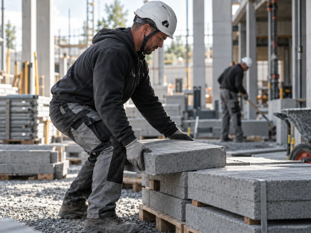 Bauarbeiter auf moderner Baustelle hebt eine Betonplatte in rückenschonender Haltung von einem Stapel, während im Hintergrund ein weiterer Arbeiter arbeitet