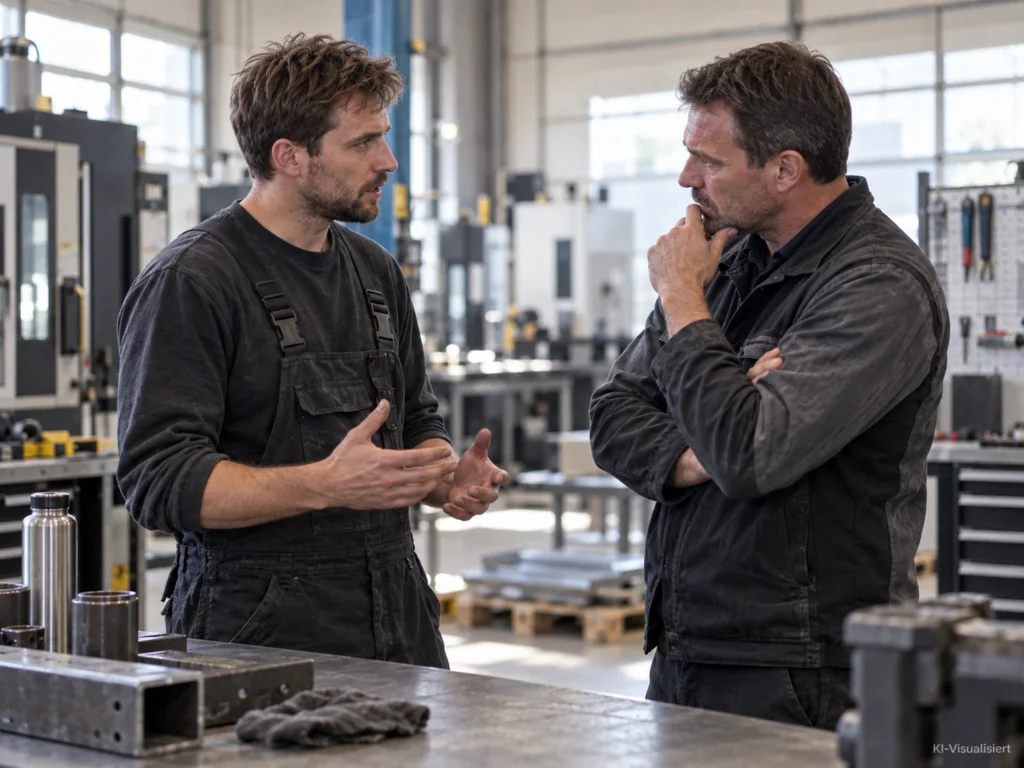 In einer hellen modernen Metallwerkstatt sprechen ein Facharbeiter und sein Vorgesetzter an einer Werkbank ernst und ruhig miteinander. Der Mitarbeiter erklärt gestikulierend seinen Standpunkt, während der Vorgesetzte aufmerksam zuhört. Im Vordergrund liegen Metallteile und Arbeitsmaterial, im Hintergrund sind Maschinen und die Werkstattumgebung zu sehen. Unten rechts steht der Hinweis ‚KI-Visualisiert‘.