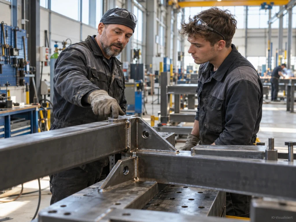 Metallbauermeister erklärt einem jüngeren Metallbauer eine Stahlkonstruktion in einer modernen Werkstatt