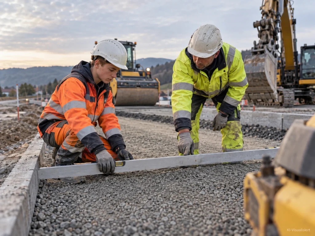 Junger Straßenbau-Azubi arbeitet auf einer modernen Straßenbaustelle mit einem erfahrenen Facharbeiter an einer verdichteten Tragschicht. Beide prüfen mit einer Richtlatte die Oberfläche, während im Hintergrund Walze und Bagger bereitstehen.
