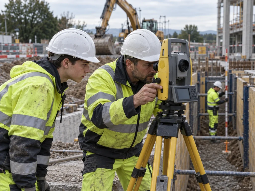 Azubi und erfahrener Tiefbauer prüfen mit einem Vermessungsgerät die Ausrichtung eines Leitungsgrabens auf einer modernen Baustelle