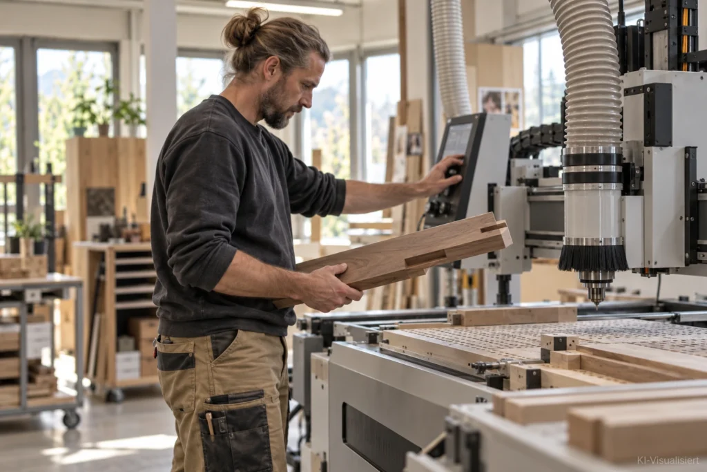 Erfahrener Tischler prüft ein Holzbauteil an einer modernen CNC-Maschine in einer hellen Werkstatt