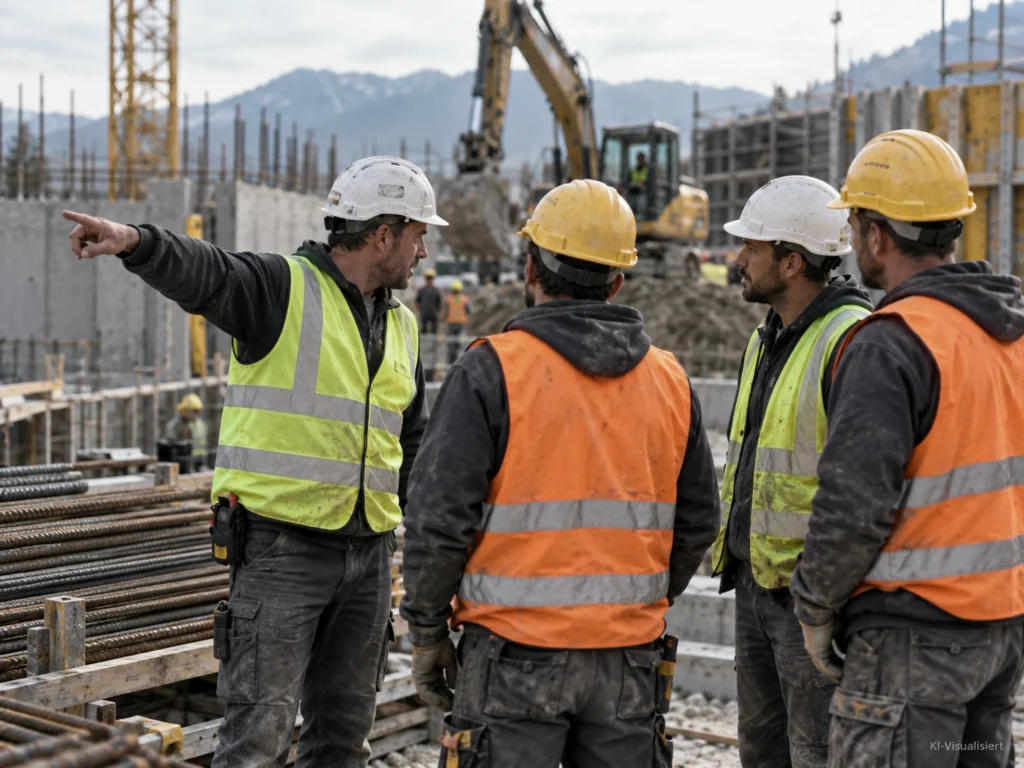 Vorarbeiter weist drei Fachkräfte auf einer modernen Baustelle in ihre nächsten Aufgaben ein