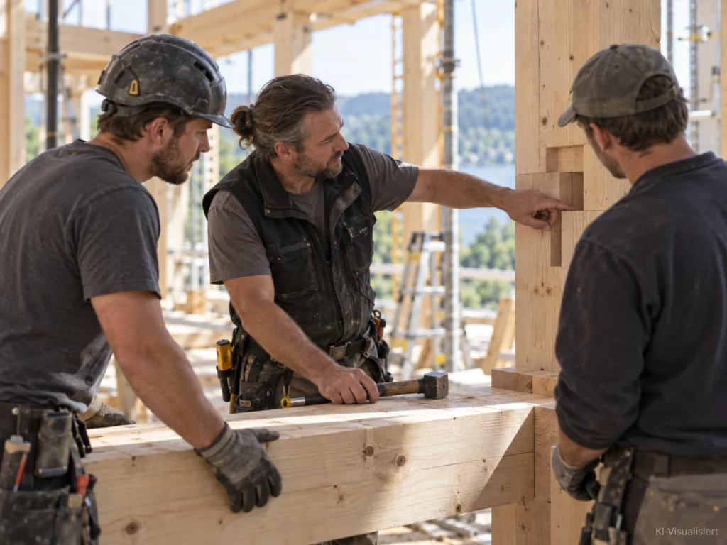 Zimmerer auf einer modernen Holzbaustelle: Ein erfahrener Facharbeiter zeigt zwei Kollegen an einem Holzständerbau eine komplexe Holzverbindung und erklärt den nächsten Arbeitsschritt. Die Szene vermittelt Verantwortung, Teamarbeit und den Aufstieg in eine Vorarbeiterrolle