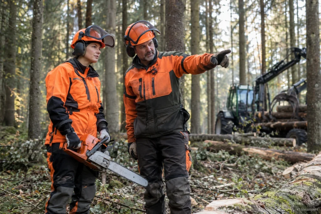Forstwirt-Quereinsteiger bei der Einweisung in den sicheren Umgang mit der Motorsäge im Wald.