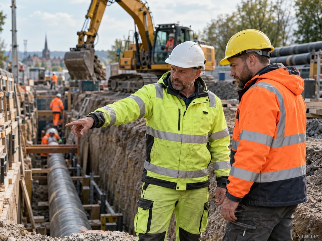 Zwei Rohrleitungsbauer besprechen Arbeiten an einer Rohrleitung auf einer modernen Tiefbaustelle.