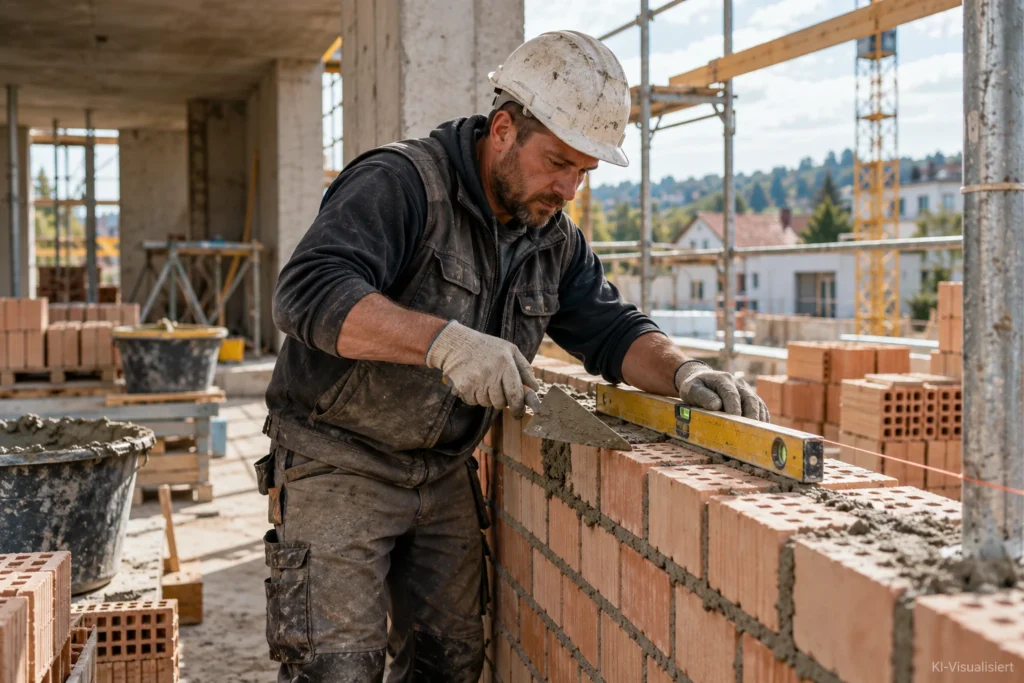 Maurer richtet eine Ziegelwand auf einer modernen Baustelle mit Wasserwaage und Maurerkelle aus.
