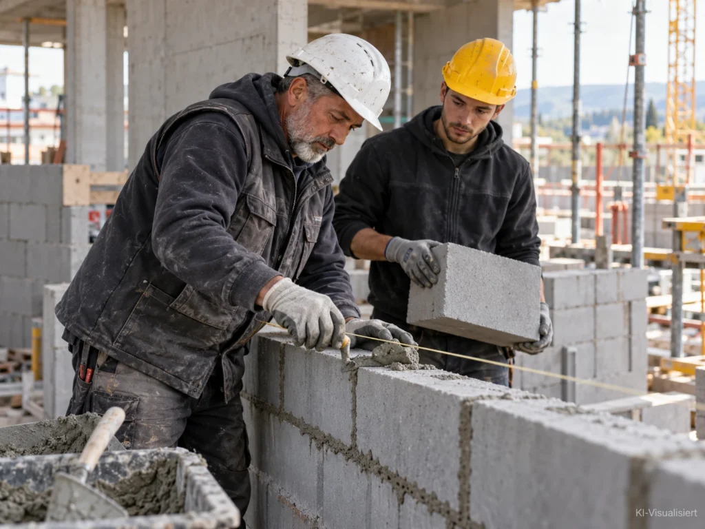 Erfahrener Maurer zeigt einem Quereinsteiger das Mauern auf einer Baustelle