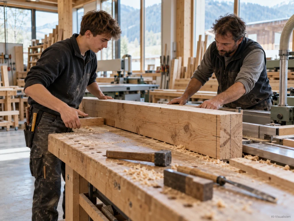 Zimmerer Lehrling und erfahrener Zimmerer bearbeiten gemeinsam einen Holzbalken in einer modernen Werkstatt.