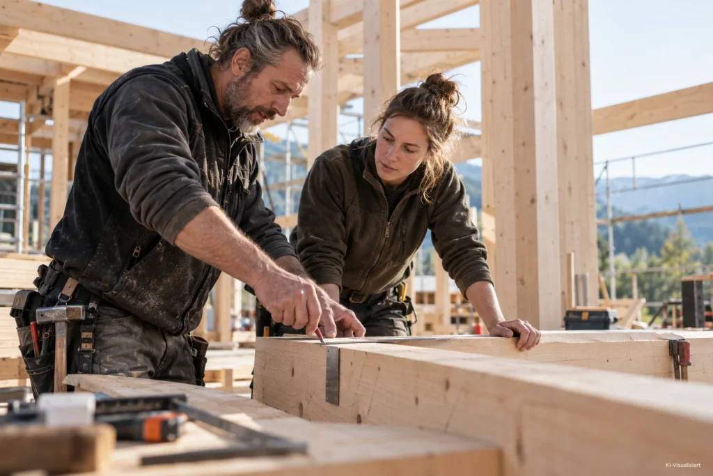 Erfahrener Zimmerer zeigt einer Quereinsteigerin das Anzeichnen und Vorbereiten eines Holzbalkens auf einer modernen Holzbaustelle.
