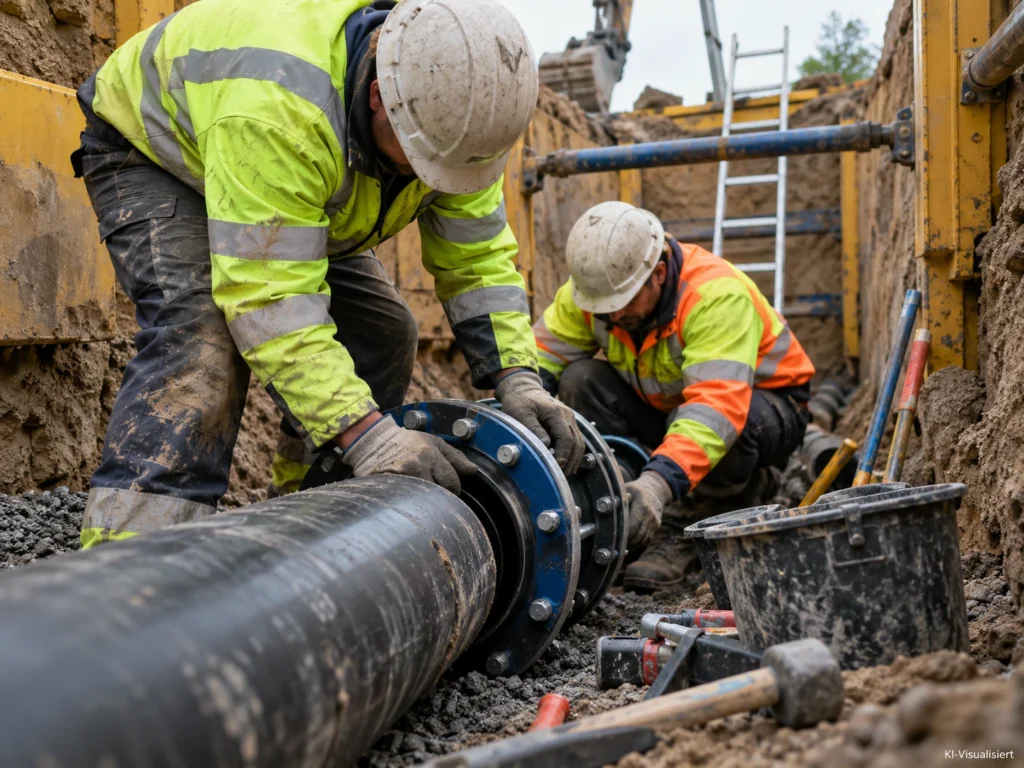Rohrleitungsbauer bei der Montage einer Infrastrukturleitung in einem gesicherten Graben Ist dieses Gespräch bisher hilfreich?