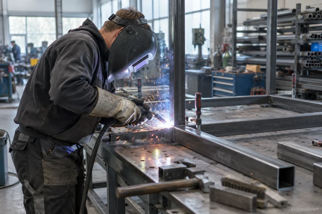 Metallbauer schweißt einen Stahlrahmen in einer modernen Werkhalle