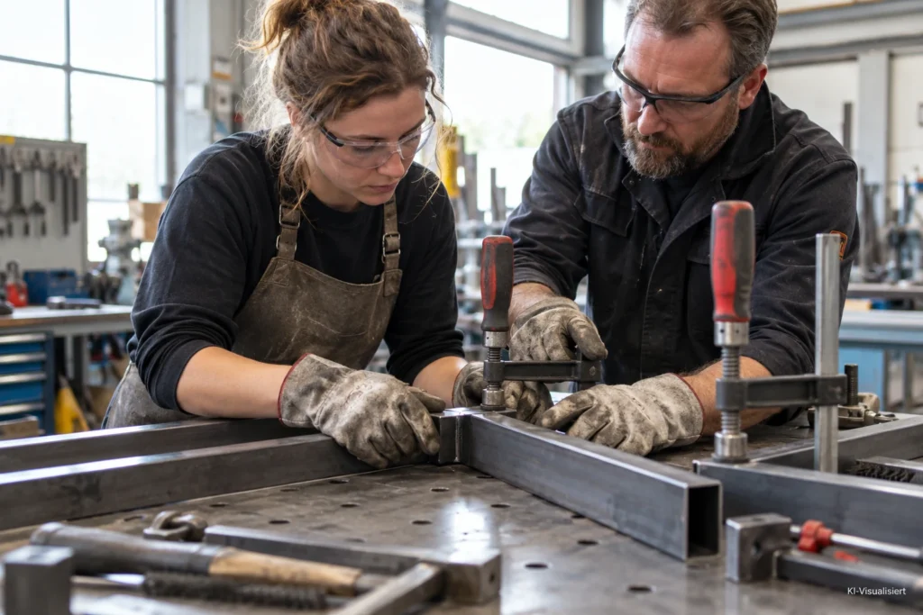 Quereinsteiger lernt in einer modernen Metallbauwerkstatt das Ausrichten und Fixieren von Stahlprofilen