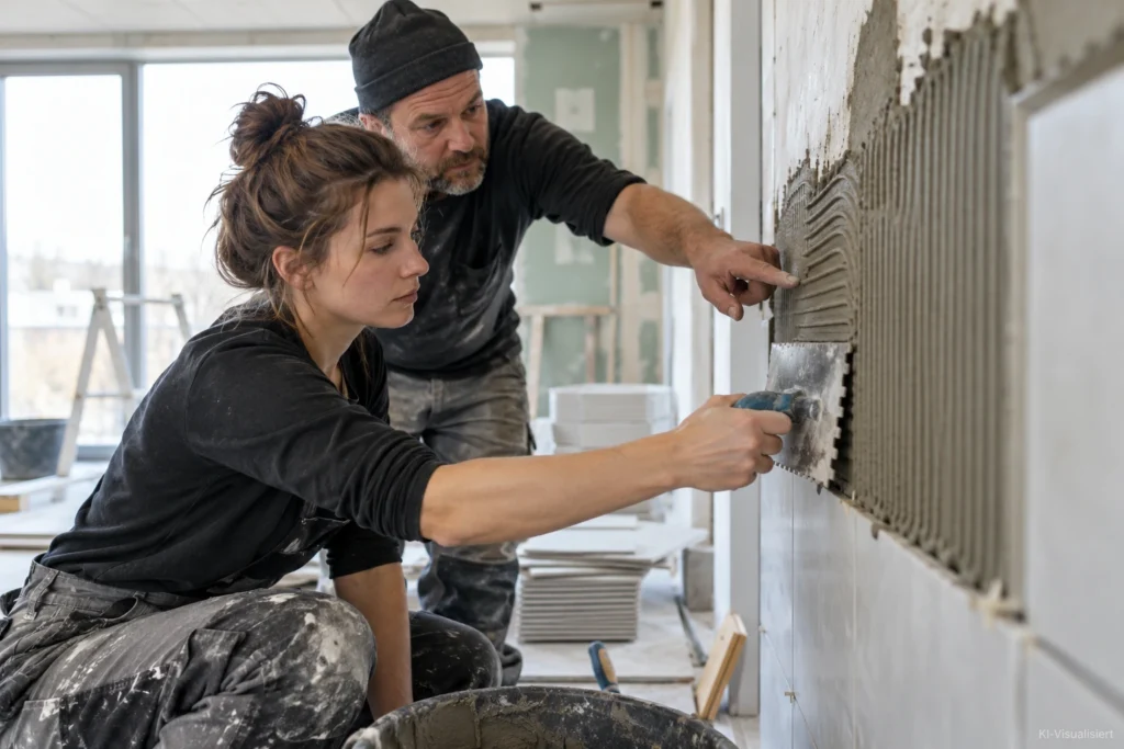 Fliesenleger zeigt Quereinsteigerin das fachgerechte Auftragen von Fliesenkleber an einer Wand.