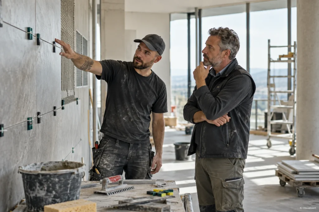 Fliesenleger und Bauleiter besprechen die Verlegung großformatiger Fliesen auf einer modernen Baustelle.