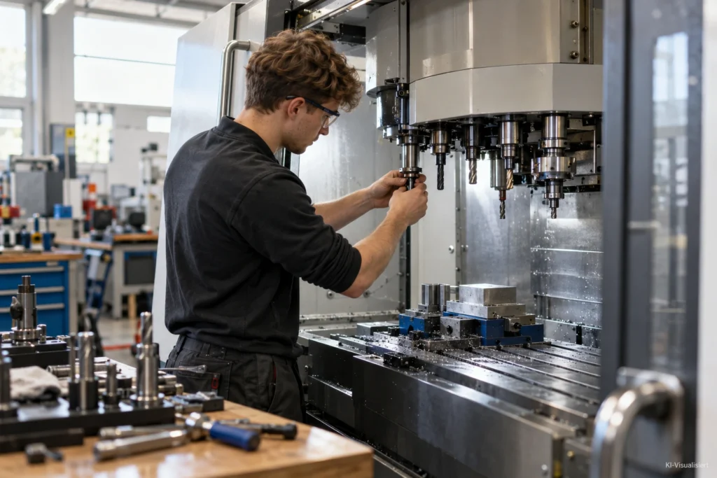 Zerspanungsmechaniker richtet Werkzeuge an einer modernen CNC-Fräsmaschine in einer hellen Werkhalle ein.