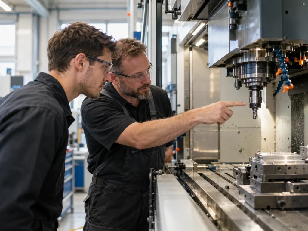 Erfahrener Zerspanungsmechaniker zeigt einem Kollegen die Einrichtung einer CNC-Fräsmaschine in einer modernen Werkstatt.