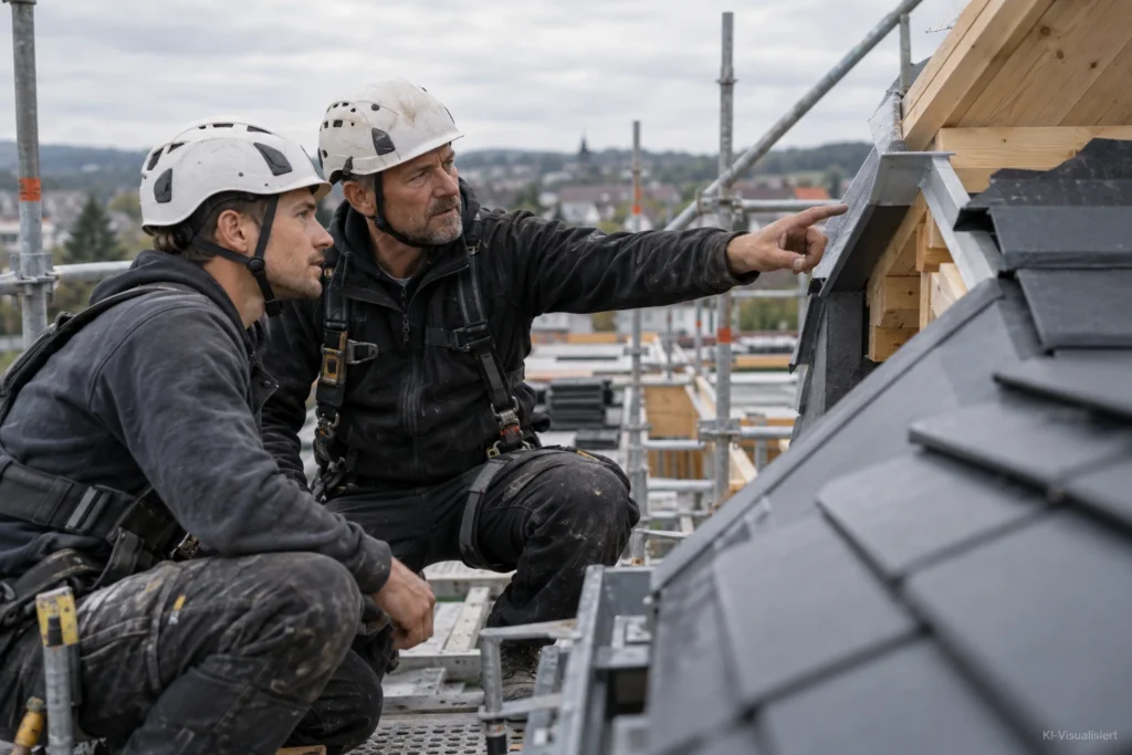 Zwei Dachdecker besprechen auf einer Baustelle ein Detail am Dach.