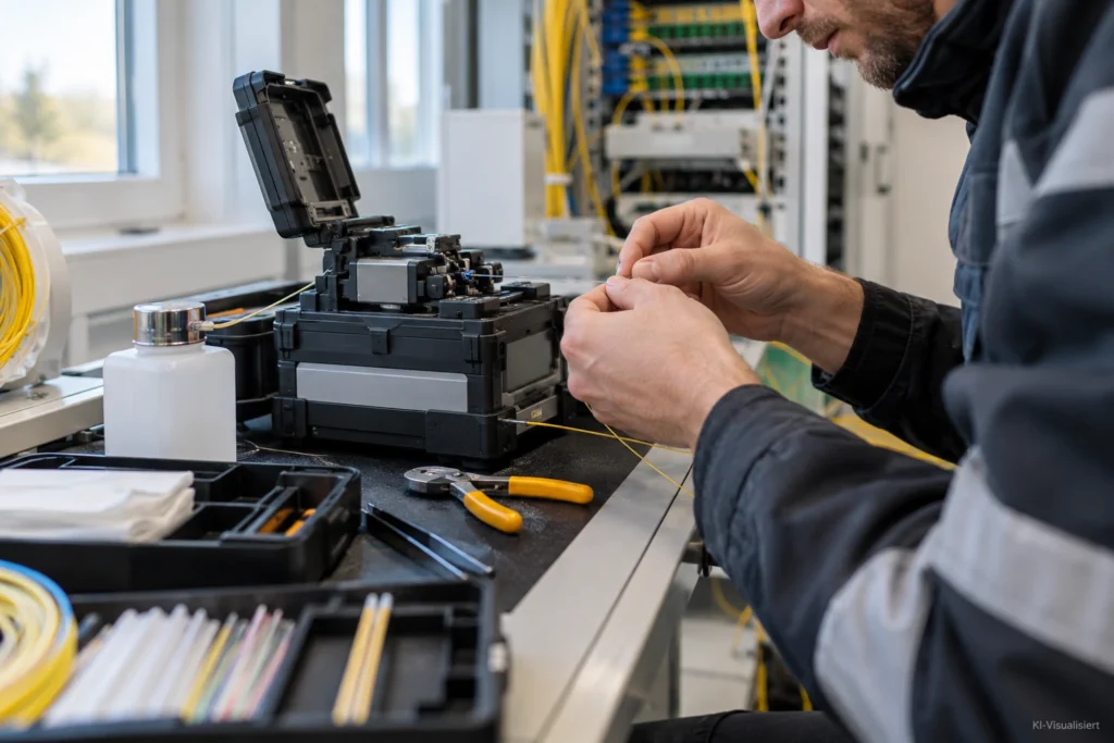 Glasfasermonteur bei der Vorbereitung feiner Glasfasern an einem professionellen Spleißarbeitsplatz mit Werkzeug und Messtechnik