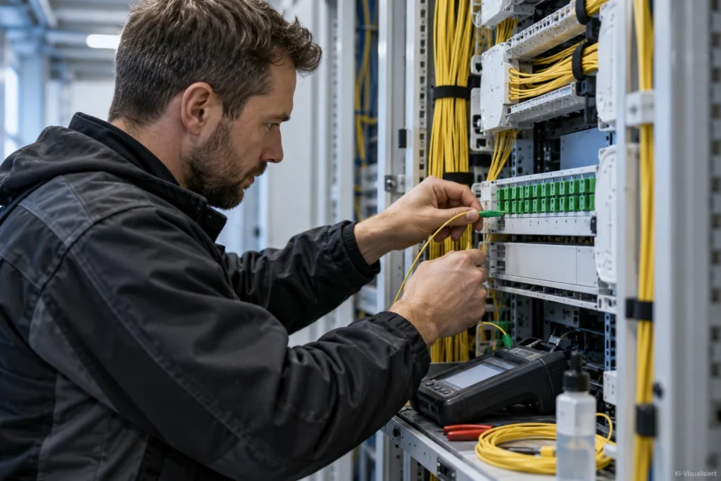 Glasfasermonteur bei Messarbeiten an einem Glasfaseranschluss im Serverschrank
