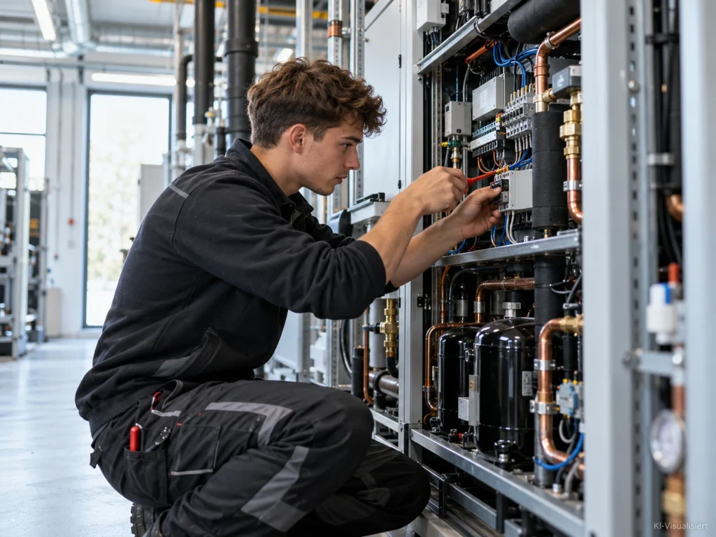 Kälte- und Klimatechniker prüft eine moderne Kühlanlage in einem Technikraum.
