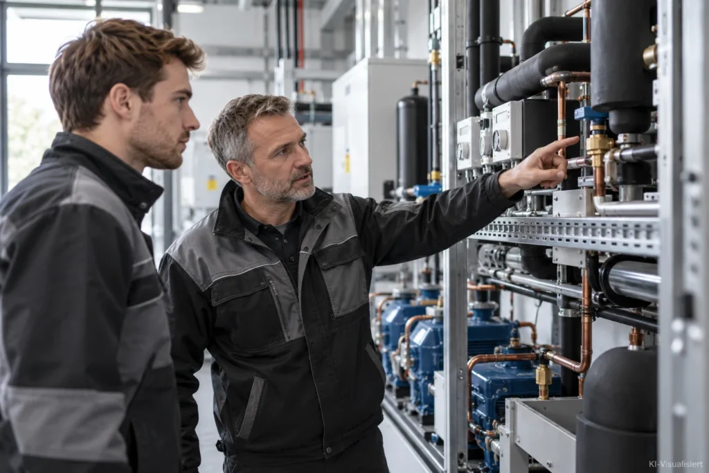 Zwei Kältetechniker begutachten eine moderne Kälteanlage. Ein erfahrener Techniker erklärt seinem Kollegen die Rohrleitungen und Steuerungskomponenten.