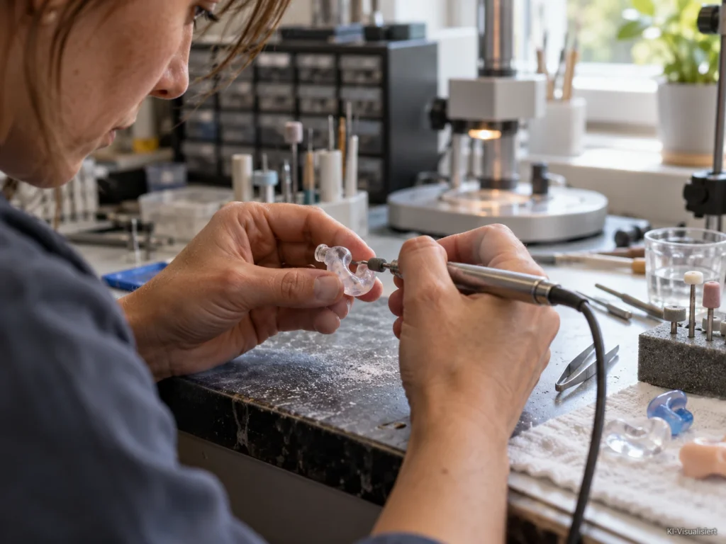 Hörakustikerin bearbeitet eine individuelle Otoplastik mit einem Präzisionswerkzeug an einer Werkbank in einer modernen Hörakustik-Werkstatt.