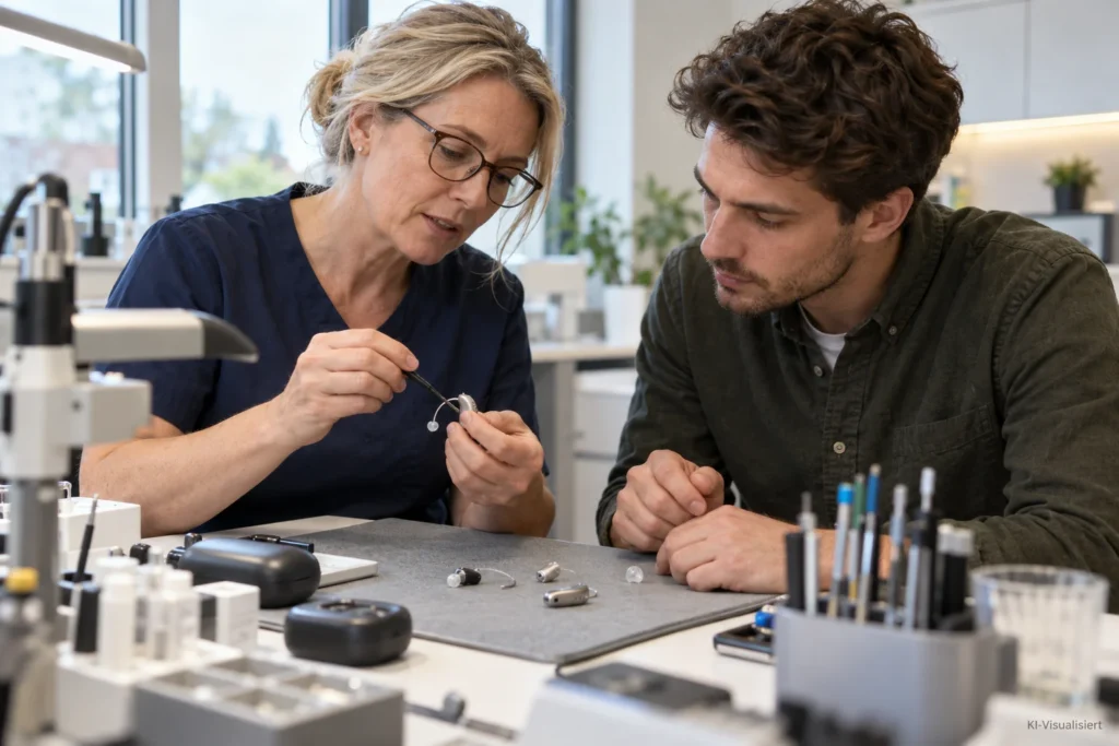 Erfahrene Hörakustikerin zeigt einem Quereinsteiger die Handhabung und Prüfung eines Hörgeräts an einem modernen Arbeitsplatz.