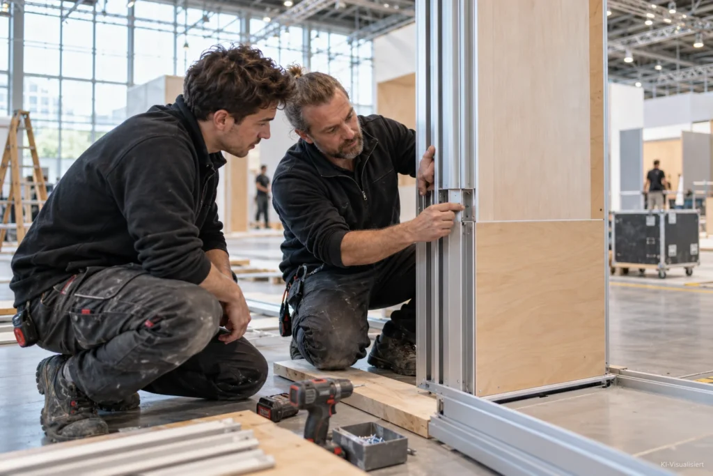 Zwei Messebauer montieren eine Messebauwand aus Holz und Aluminium. Ein erfahrener Handwerker zeigt einem jüngeren Kollegen die Verbindung der Bauteile.