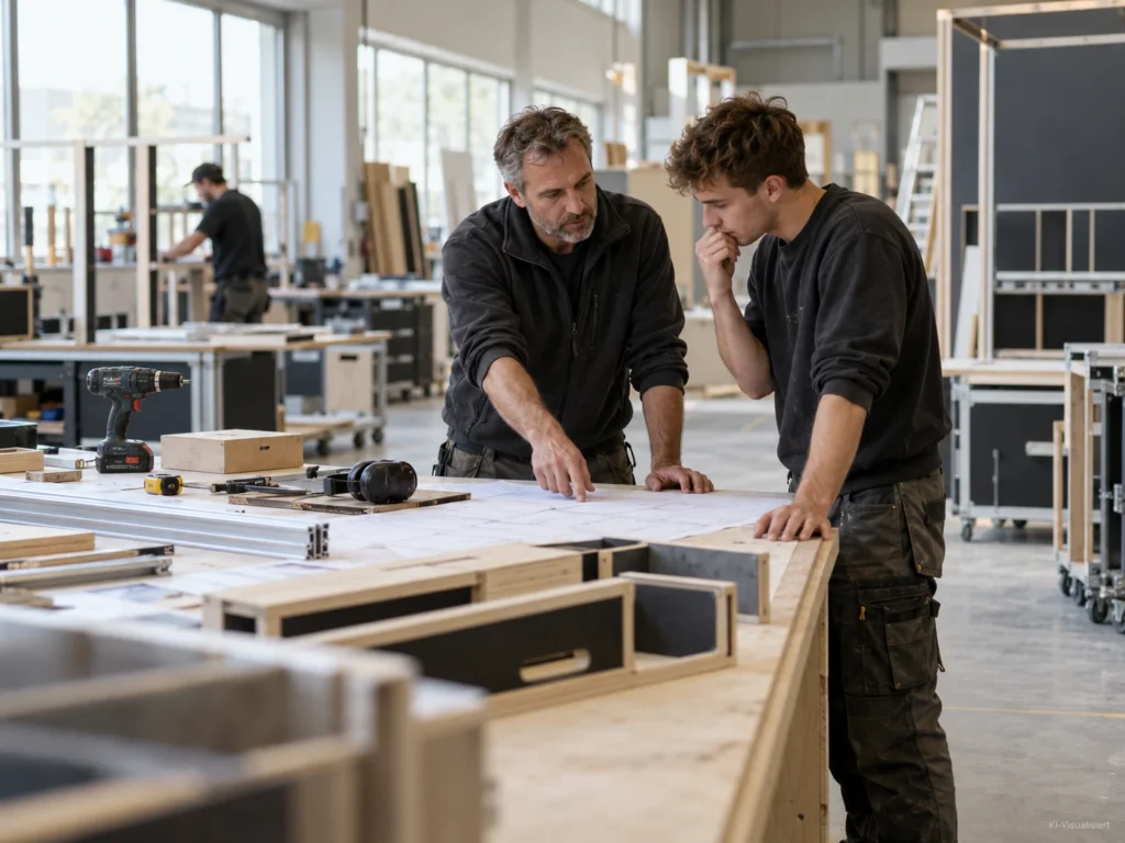 Erfahrener Messebauer und jüngerer Kollege besprechen technische Baupläne für einen Messestand in einer modernen Holzwerkstatt.