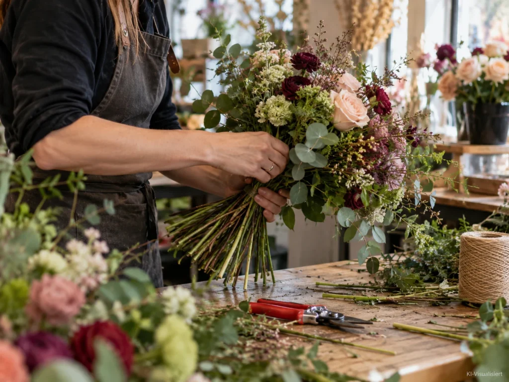 Floristin bindet einen Blumenstrauß aus Rosen, Eukalyptus und saisonalen Blumen an einem Arbeitstisch im Blumenfachgeschäft.
