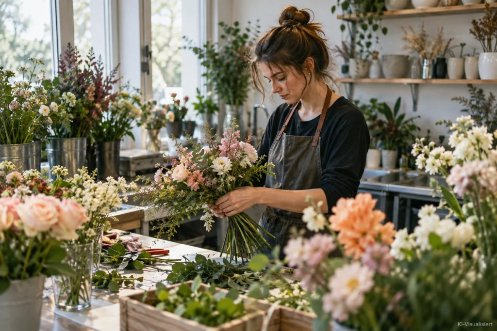 Floristin bindet einen Blumenstrauß an einem Arbeitstisch in einem modernen Floristikgeschäft.