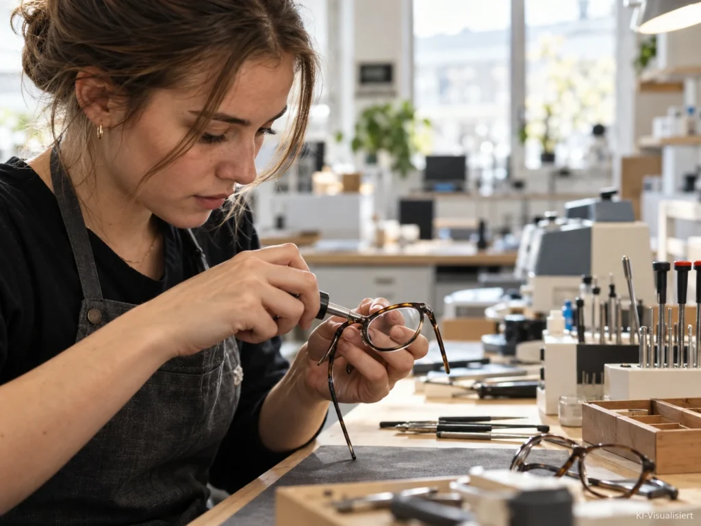 Junge Augenoptikerin bearbeitet eine Brillenfassung mit einem Präzisionswerkzeug in einer modernen Optikerwerkstatt.