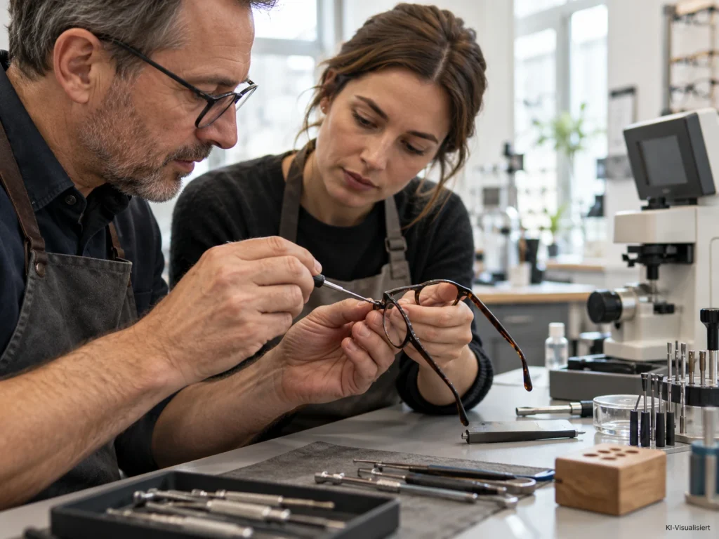 Erfahrener Augenoptiker zeigt einer Quereinsteigerin die präzise Anpassung einer Brille in einer modernen Augenoptikerwerkstatt.