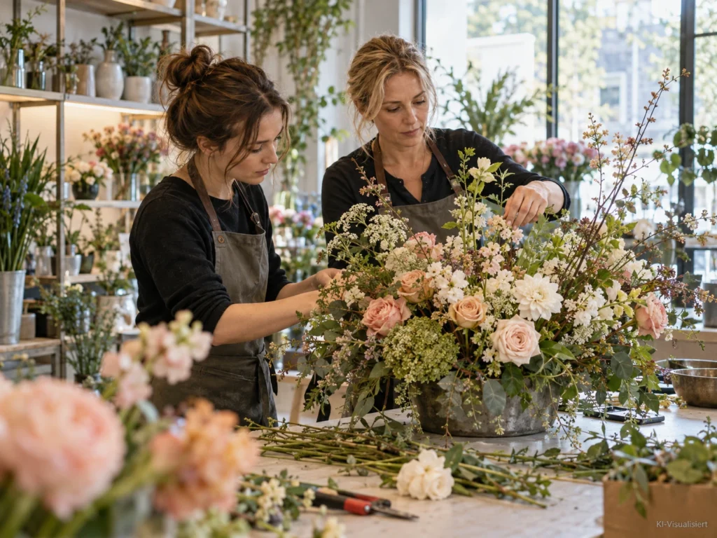 Floristinnen gestalten gemeinsam ein aufwendiges Blumenarrangement in einer modernen Floristik-Werkstatt.